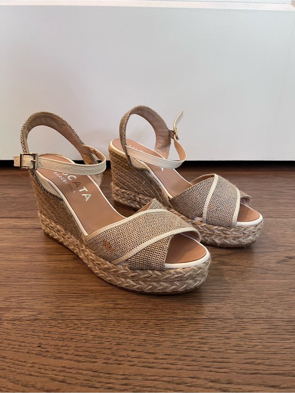 Viscata Beige Espadrille Wedge Sandals with Ankle Strap